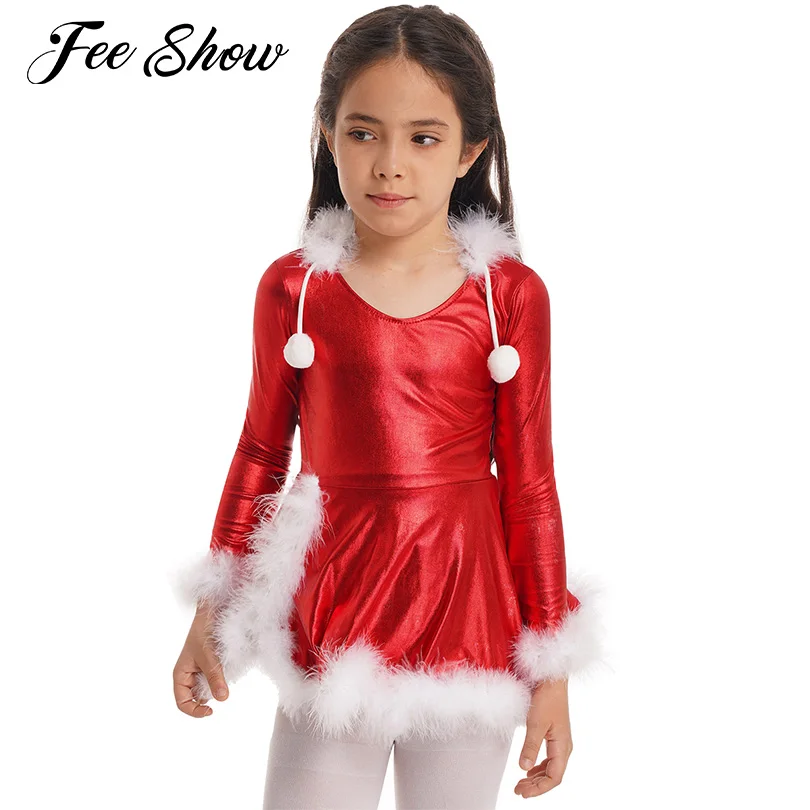 

Red Cute Kids Girls Dancing Dress Leotard Christmas Costume Hooded Long Sleeve Faux Fur Adorned Dance Dress Jumpsuit Performance
