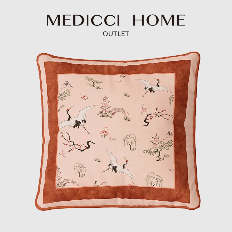 Medicci Home Antique Square Velvet Throw Pillow Covers Crane Pagoda Theme Print Living Room Cushion Case 45x45cm Retro Nude Pink