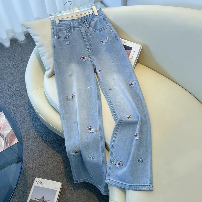 

Широкие брюки, джинсы, женские джинсы, вышивка, бант, высокая талия, потертые карманы, винтажная уличная одежда, прямые брюки 2025