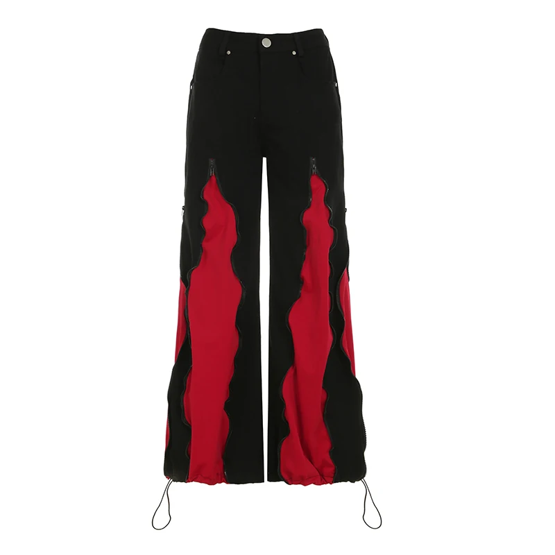Pantalones con cremallera oscura para mujer, ropa de calle de Color contrastante, pantalones de pierna ancha con aspecto en capas de cintura media, moda Otoño Invierno 2025
