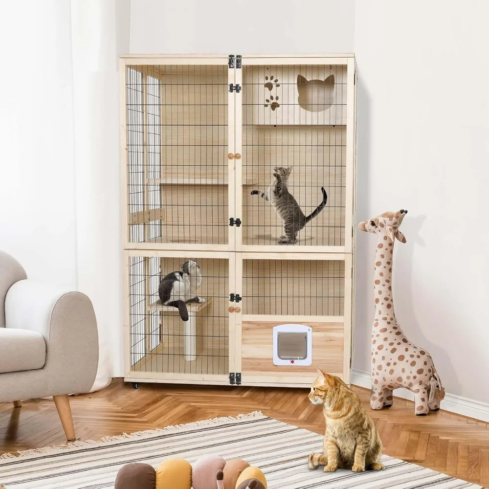 Wooden Cat House Large Space Cat Cage with Scratching Post and Lockable Wheels Double Layer Cat House with Escape Door