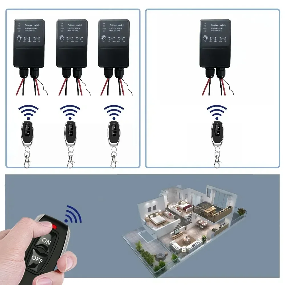 433Mhz Wireless Remote Control Switch DC 12V 24V 36V 48V 72V Outdoor Waterproof 30A Relay Module 100m Control Range for LED Pump
