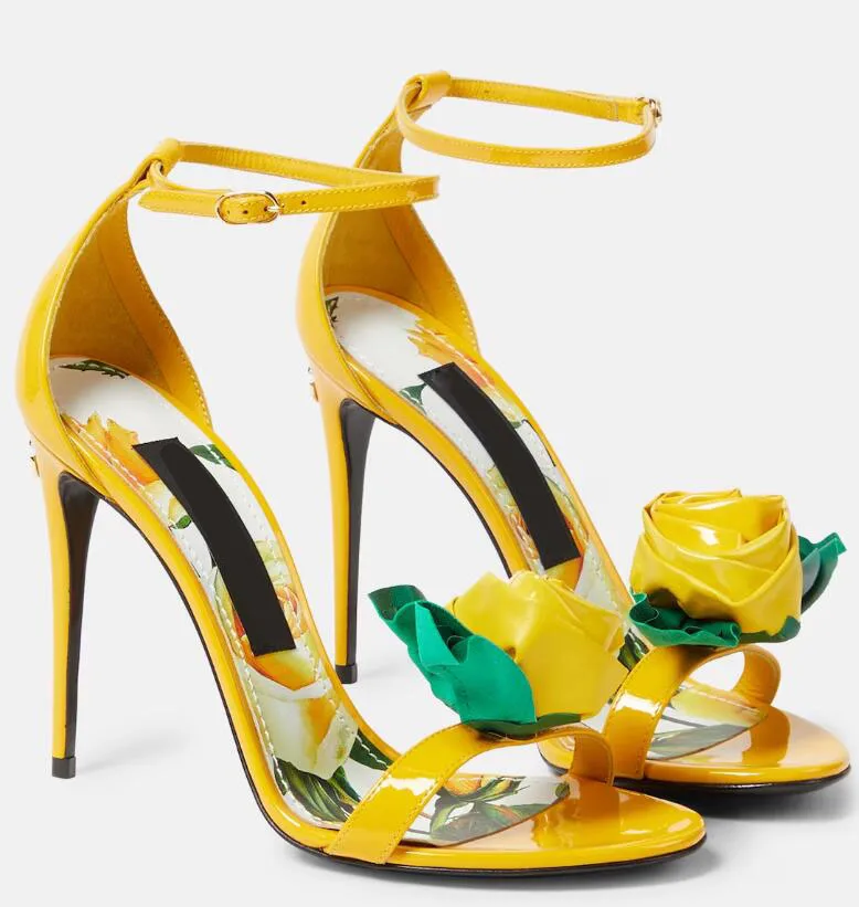 

Yellow Floral Applique Patent Leather Thin Heeled Sandals Round Open Toe Women's High Heel Ankle Wrap Show Shoes