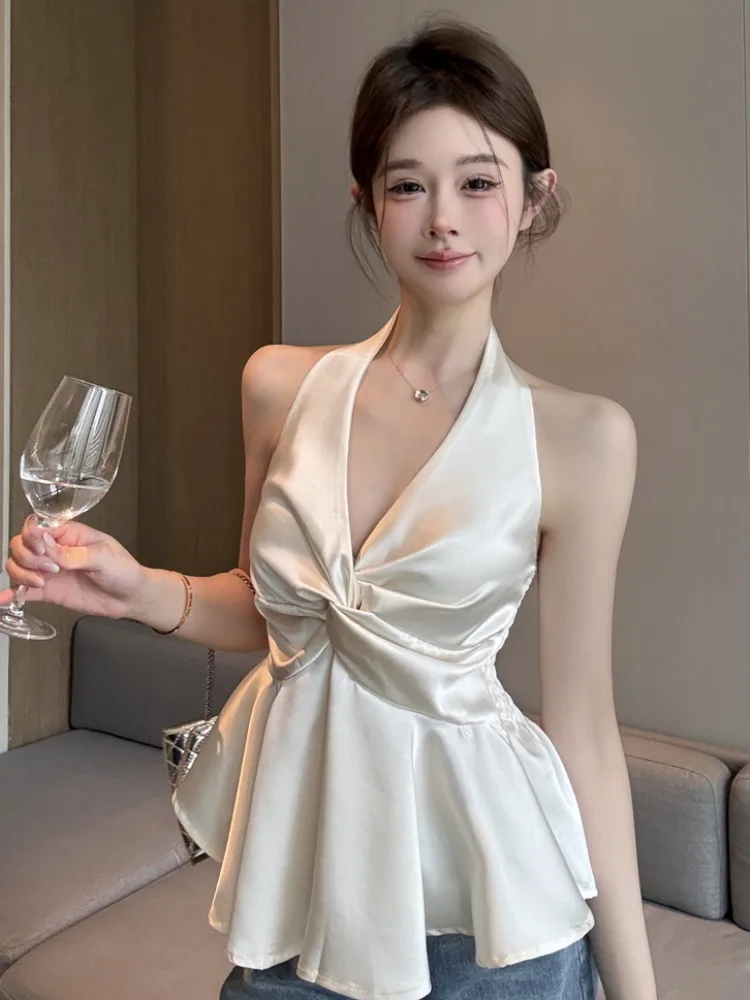 Kamizelka z odkrytymi plecami w jednolitym kolorze, seksowny krój, luksusowy wygląd, piękny top, koreański styl, do pracy, modna, plus size.