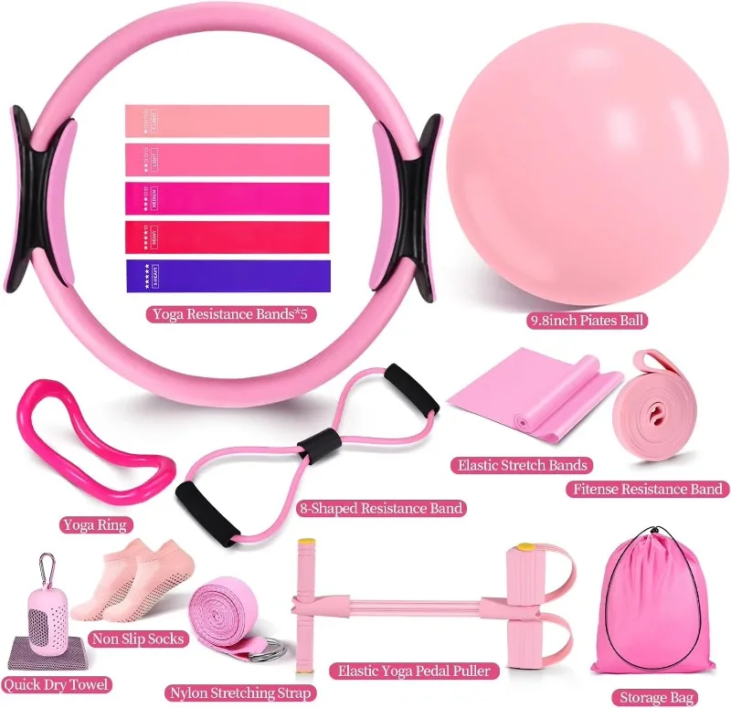 YTYINPilates Essentials Kit Women 15-Piece Plastic Pilates Equipment Home Workouts Yoga Circle Ball Ring 5 Resistance Bands