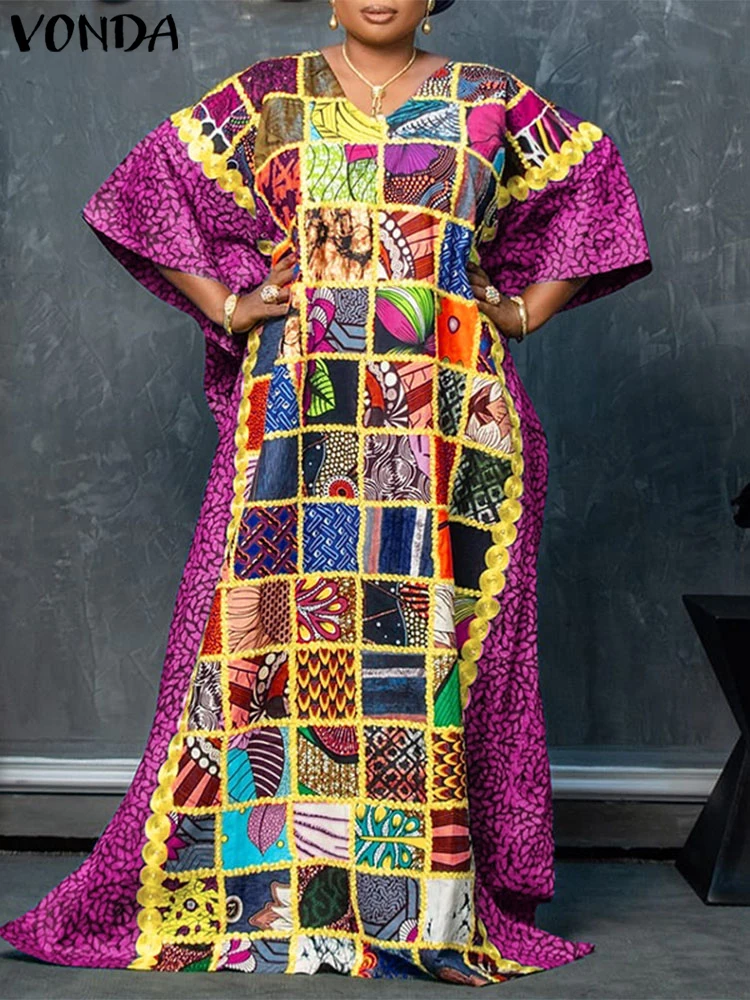 

VONDA Plus Size Women Bohemian Maxi Dress 2025 Summer Printed Sundress Patchwork Vestidos Casual V Neck Half Sleeve Vintage Robe