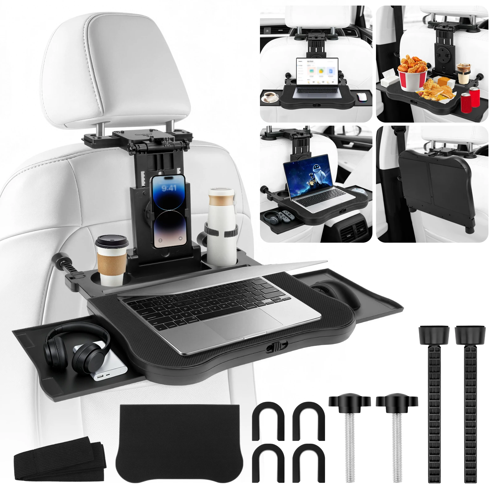 Multi-functional 360° Rotating Foldable Car Food Tray Dining Table Backseat Desk Laptop Phone Drink Cup Holder with Non-Slip Pad