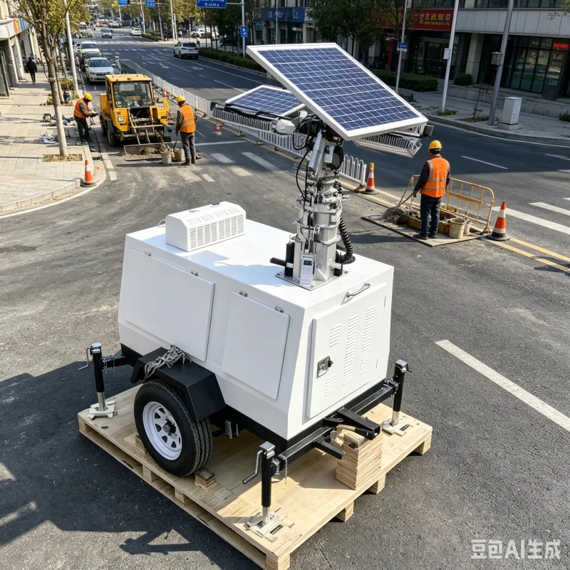 Vertical Mast LED Light Tower With Compact Towable Trailer Chassis For Tight Space Urban Construction Area Projects