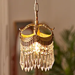 Vintage French Copper Porch Small Chandelier Corridor Balcony Retro Pendant Lighting Bedroom Bedside Crystal Hanging Lamp