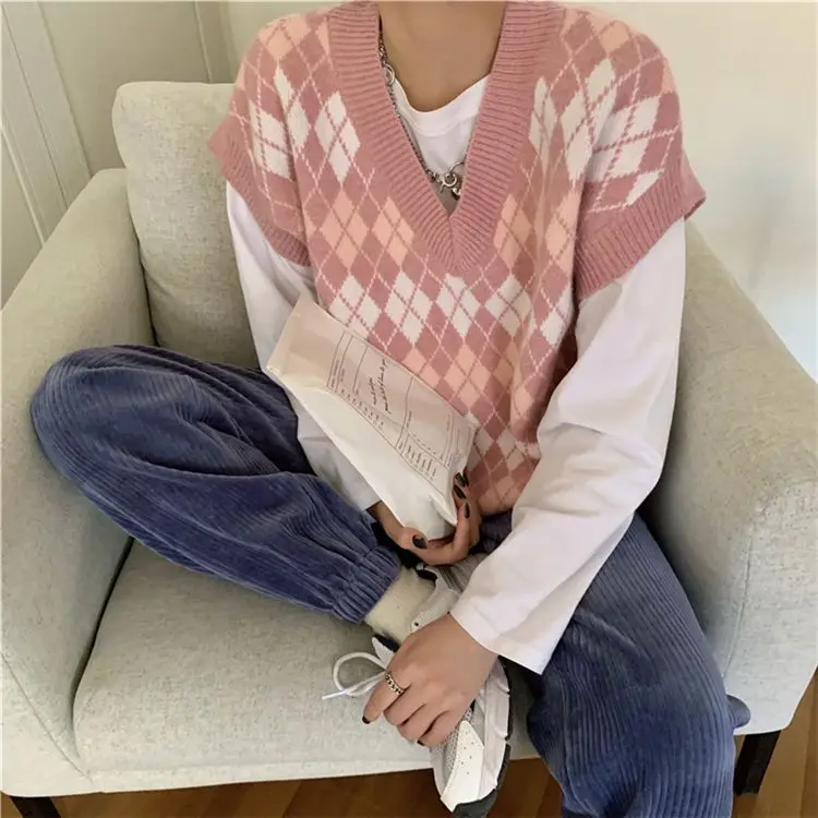 Women Knit Sweater Vest Sleeveless Loose Plaid V-Neck Waistcoat Knitwear Tank Top Short Knitted Pullover Casual Jumpers E1164