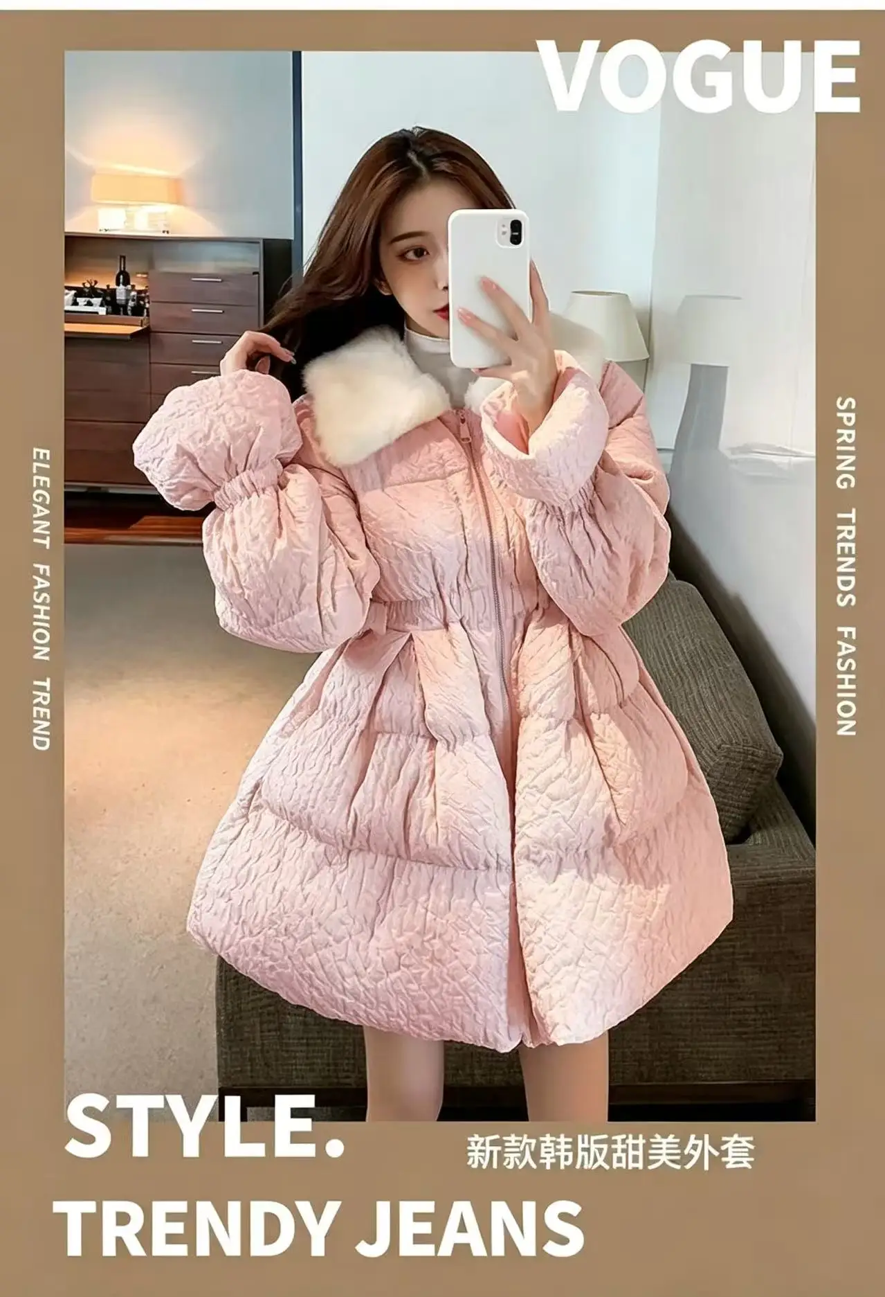 Korean Sweet Mid-Length Padded Coat for Women Winter Doll Collar Waist-Cinching Puffer Parkas Woman A Line Fluffy Quilted Jacket