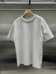 Korean Style Heavy Industry Pearl Rhinestone Studded Round Neck Short Sleeve T-Shirt Women's 2024 Summer New Grey Top Tees