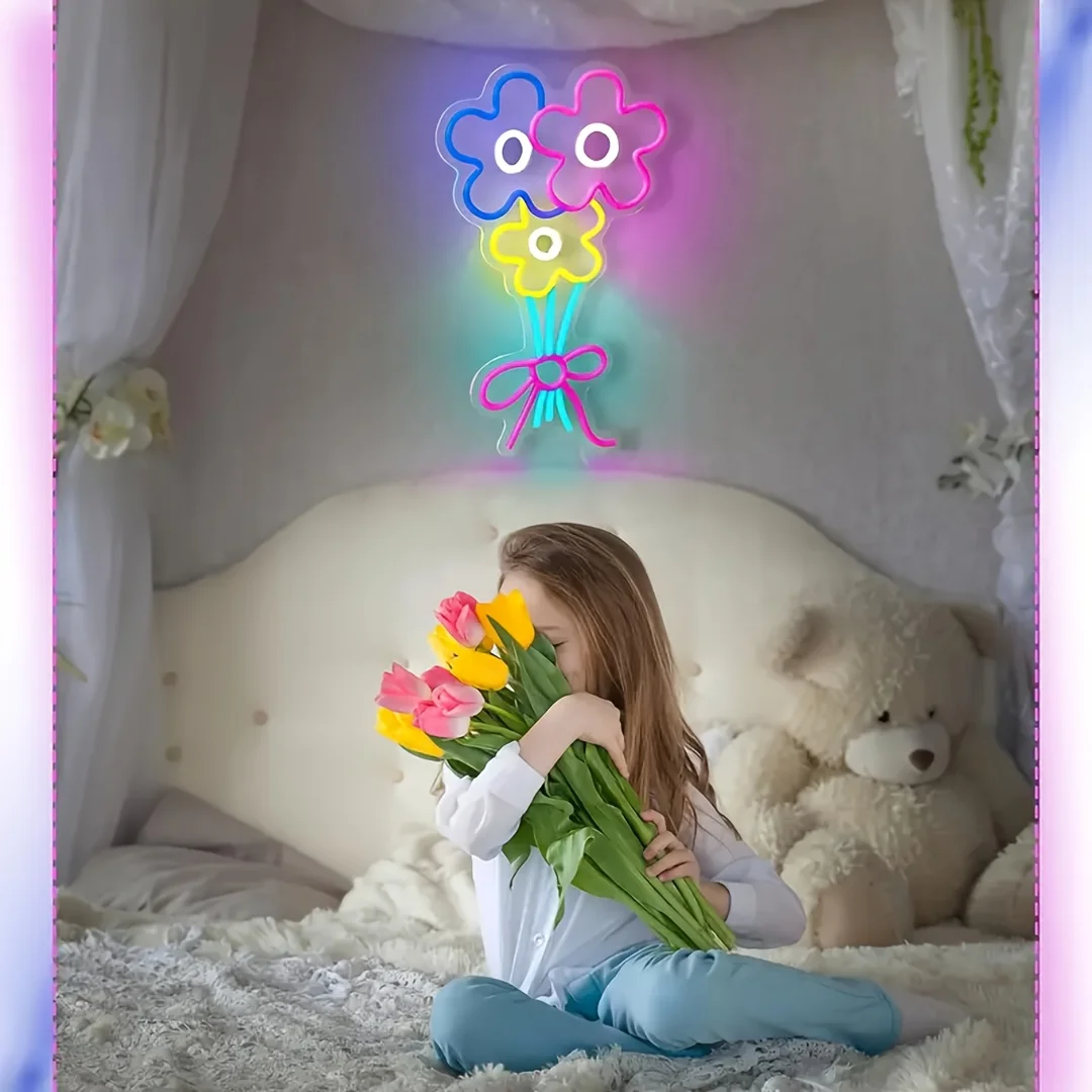 Bouquet of Flowers Neon Light Sign USB Dimmable LED Neon Sign Wall Decoration for Bedroom Gameroom Livingroom Party Gifts