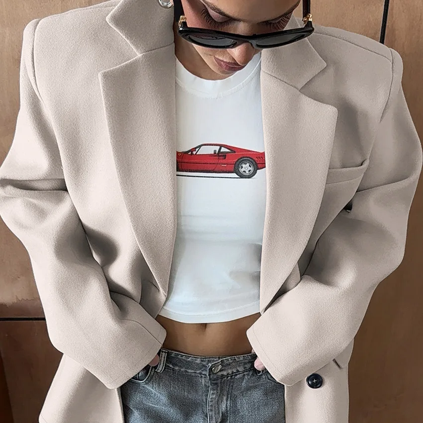 Women's Khaki Blazer with A Sense of Design, Autumn and Winter Warm Wool Long Sleeves, Casual Workwear Lazy Style Suit Jacket