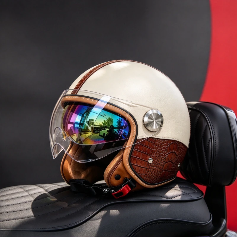 Premium White Crocodile 3/4 Open Face Motorcycle Helmet Dual Visor Splicing Grain Leather Look High-density ABS Shell