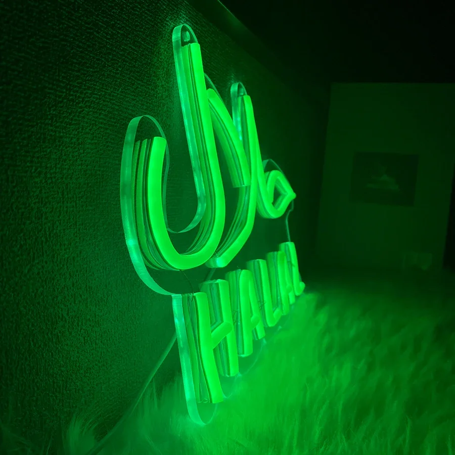 Halal Neon Signs for Wall Decor,Led Green Restaurant Neon Light Signs for Beef Chicken Candy Snack,Halal Hanging Door Sign Light