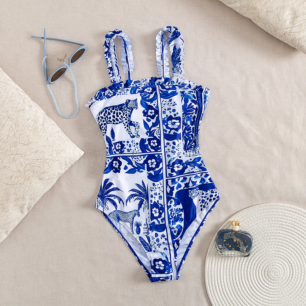 

2025 Fashionable Women's Monokini - Trendy Blue Leopard Design with Comfortable Fit For Girl Beach Suit Female Clothing Outfits