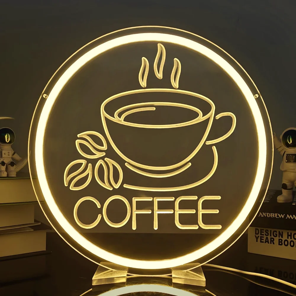 Round Coffee Cup Neon Sign LED Wall Art USB Powered Bean Glow Lamp Beverage Theme Decor Home Kitchen Cafe Bar Shop White Light