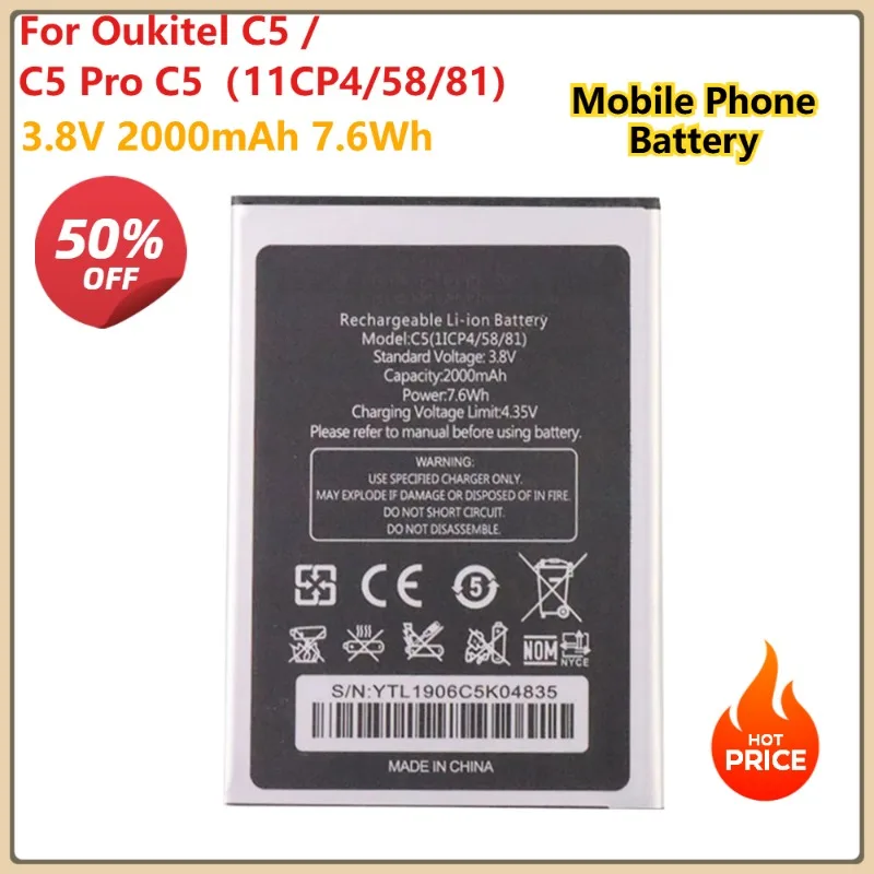 For Oukitel C5 / C5 Pro C5（11CP4/58/81)  Replacement Mobile Phone Battery 3.8V 2000mAh 7.6Wha