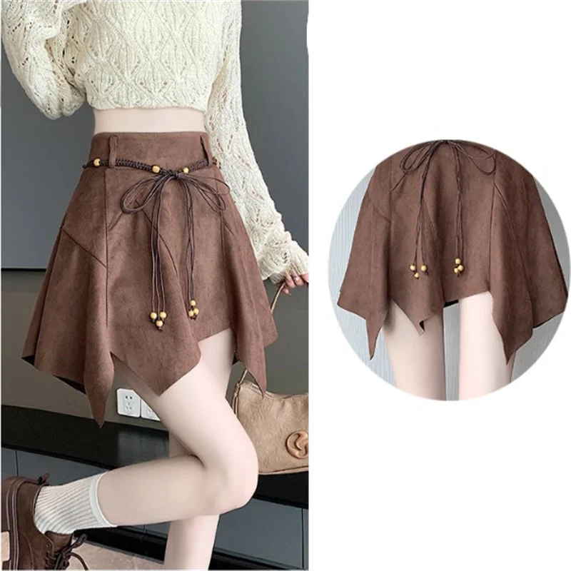Irregular Skirts Girl Short Skirt Vintage Suede Midi High-Waisted A-Line Skirt Flirty Multi Belt Safety Pants Integrated Skirt