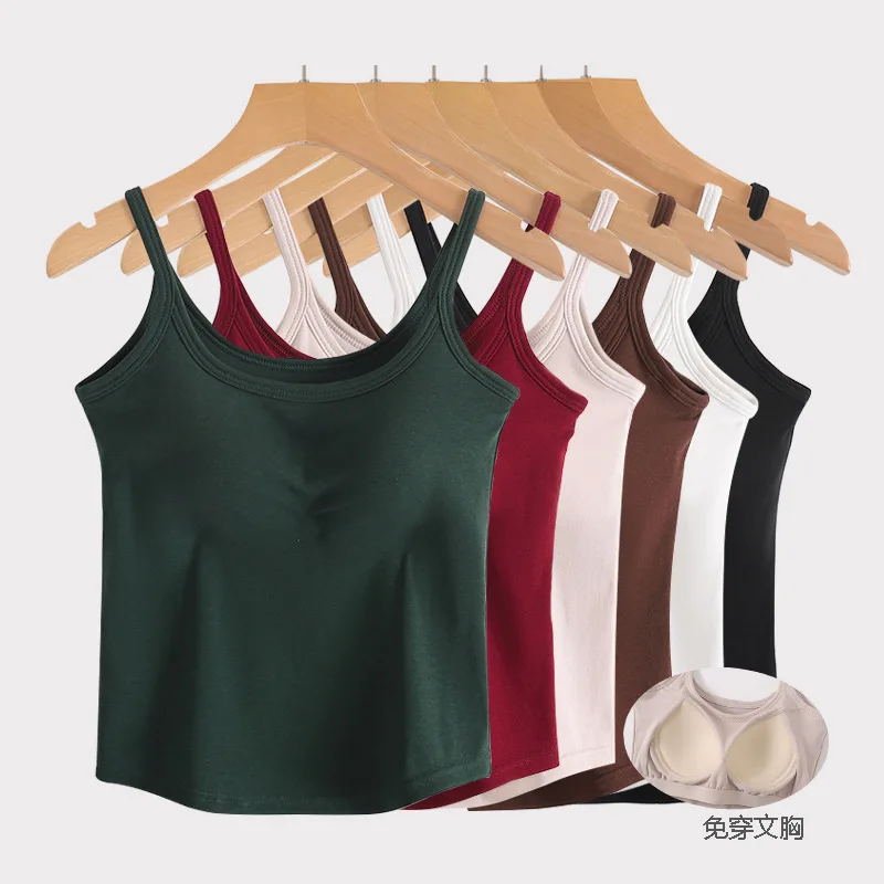 Cotton Sexy Sling Vest Fixed Chest Pad Women's Inner Outer Wear Underwear Top One Piece Sleepwear Pajamas T Shirt Sleeping Wear 2