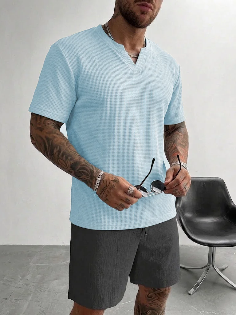 Kaos Henley Waffle Biru Muda P - Summer Light Clothing ulasan dan harga