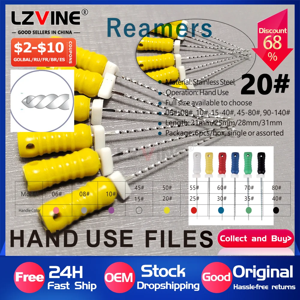 

6Pcs/Pack 15-40# Dental Stainless Steel Hand Reamer Dental Endo Files Stainless Steel Root Canal Enlarger For Dentist Clinic Use