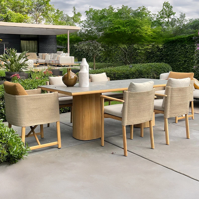 #Outdoor Leisure Tables And Chairs Villa Rope Weaving Garden Resorts Waterproof And Sunscreen Teak Wood Long Table Furniture