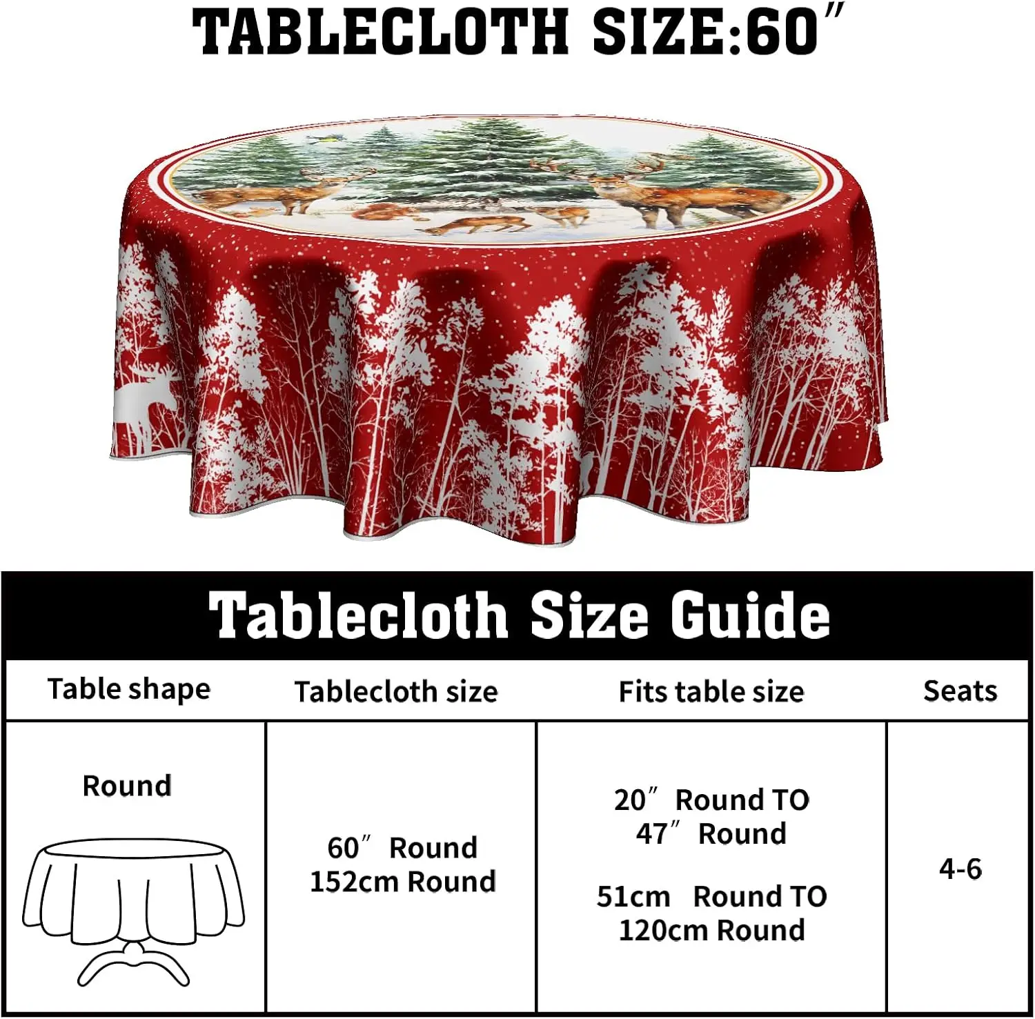 Christmas Forest Moose Table Cloth - Welcome Winter Wild Animal Round Tablecloth 60 Inch Xmas Deers Birds Table Covers