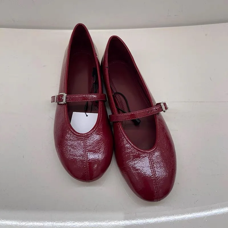 PU Leather Mary Jane Flats for Women Red Buckle Strap Shallow Casual Shoes Elegant Retro Spring Autumn Streetwear Loafers view 2
