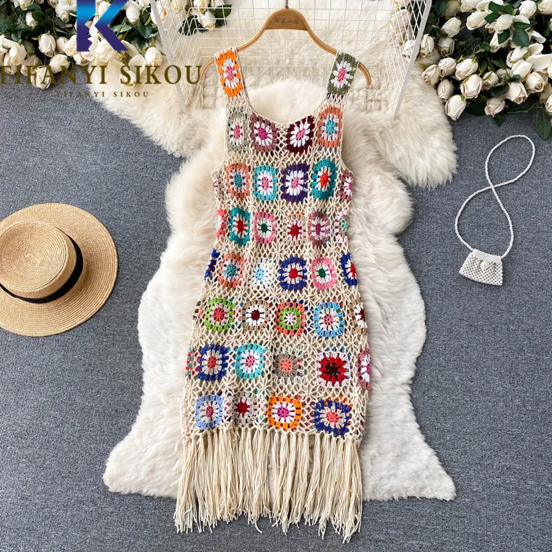 

2023 Summer Sexy Straps Dress Women Tassel Fashion Hollow Out Knit Dress Female Casual Sleeveless Crochet Mid Long Dress