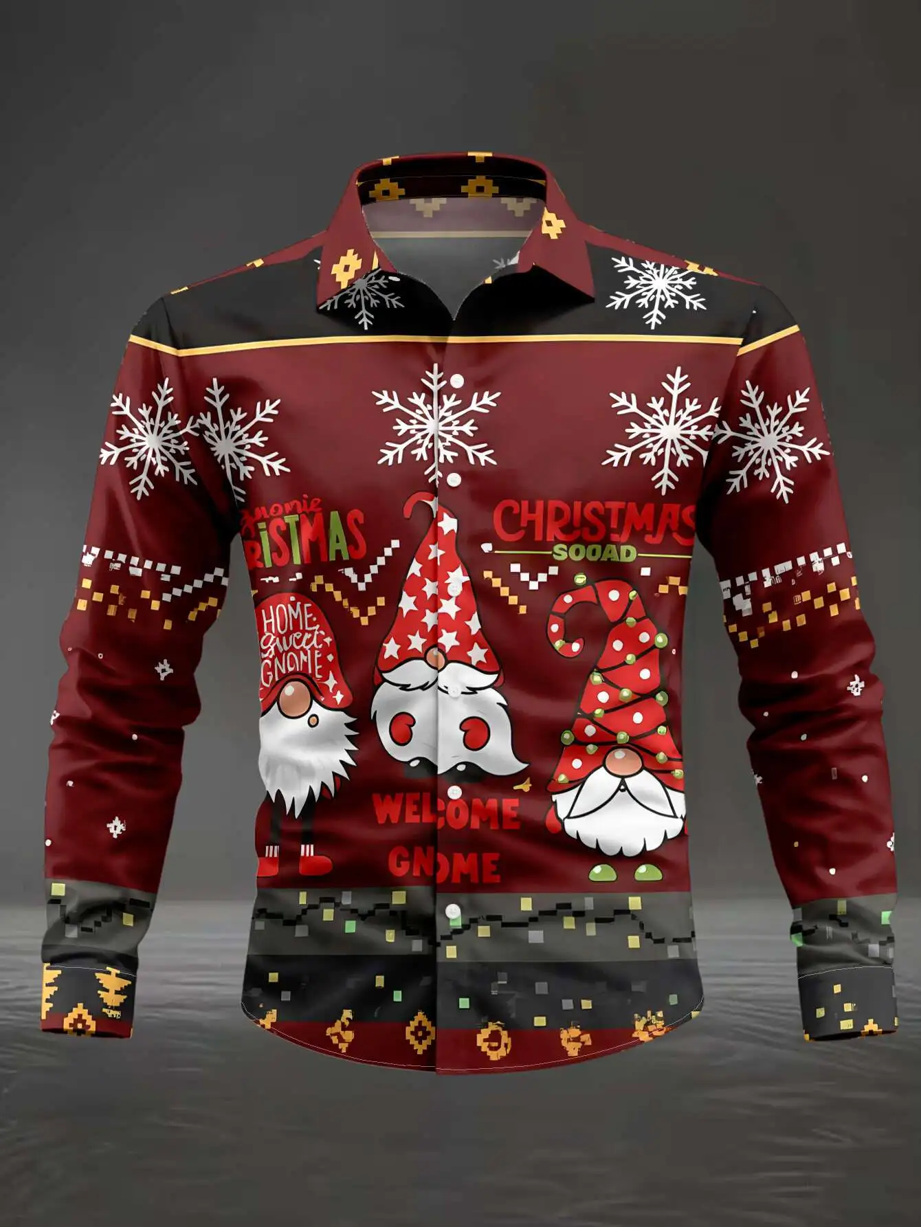 Mens Festive Xmas Shirt, Wine Red Base Gnome Snowflake Text All Over Print Long Sleeve Button Up Party Outfit
