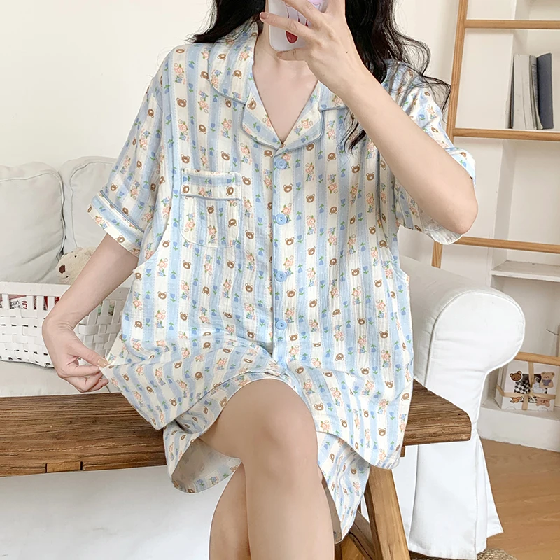 

100% Cotton Gauze Cotton Nursing Sleepwear Sets for Maternity Summer Sweet Loose Breastfeeding Pajamas Shorts Pregnancy Homewear