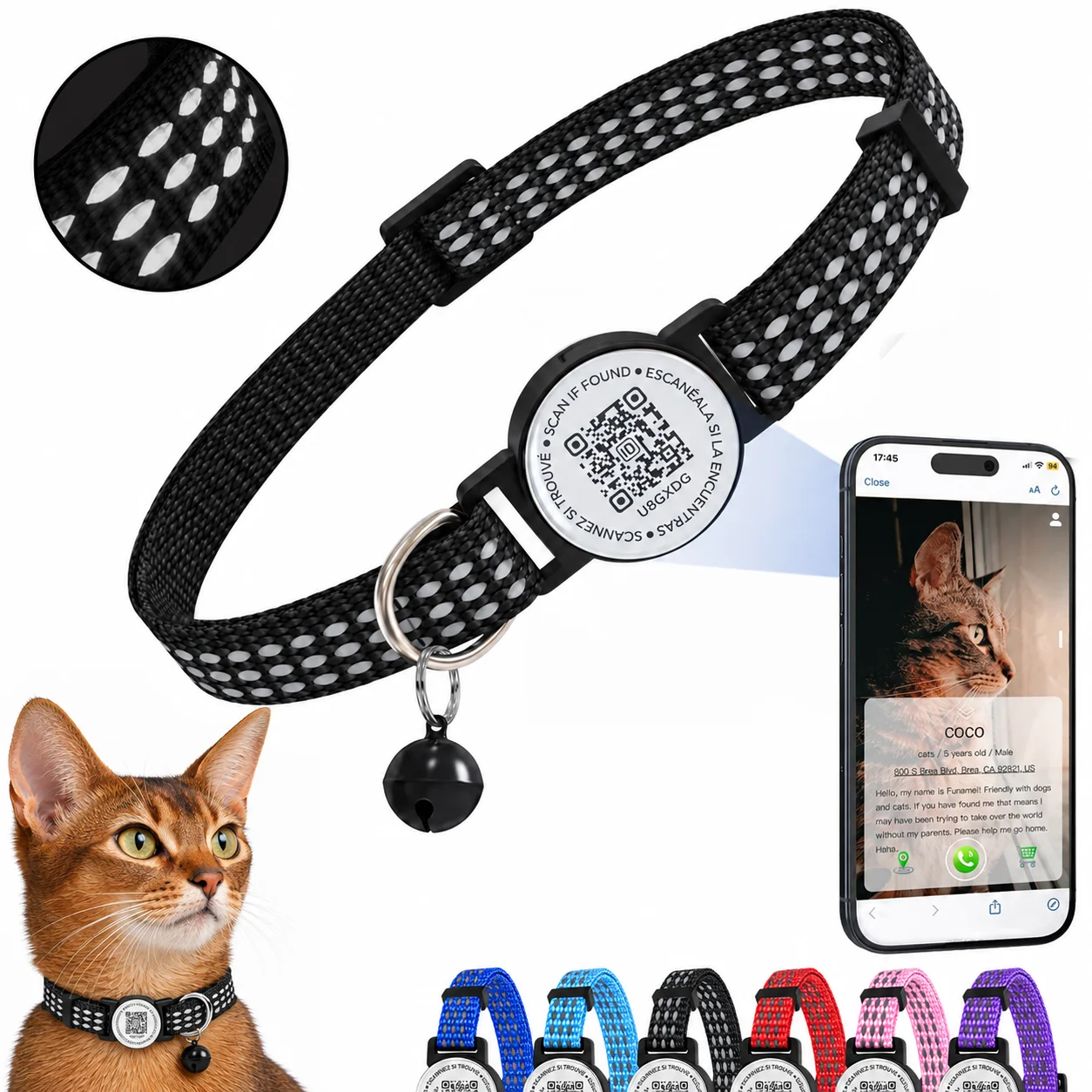 Reflective Cat Collar Breakaway QR Code Name Tag, Dog Collar with Bells & Moon Ornament
