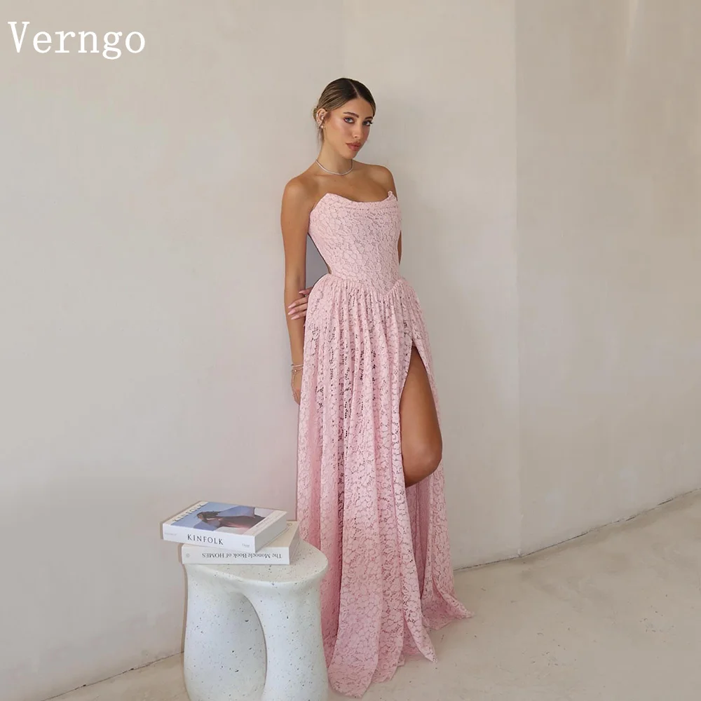

Verngo Elegant Pink Lace Prom Gowns Strapless Side Slit A Line Formal Occasion Dresses Arabic Party Dress Customized
