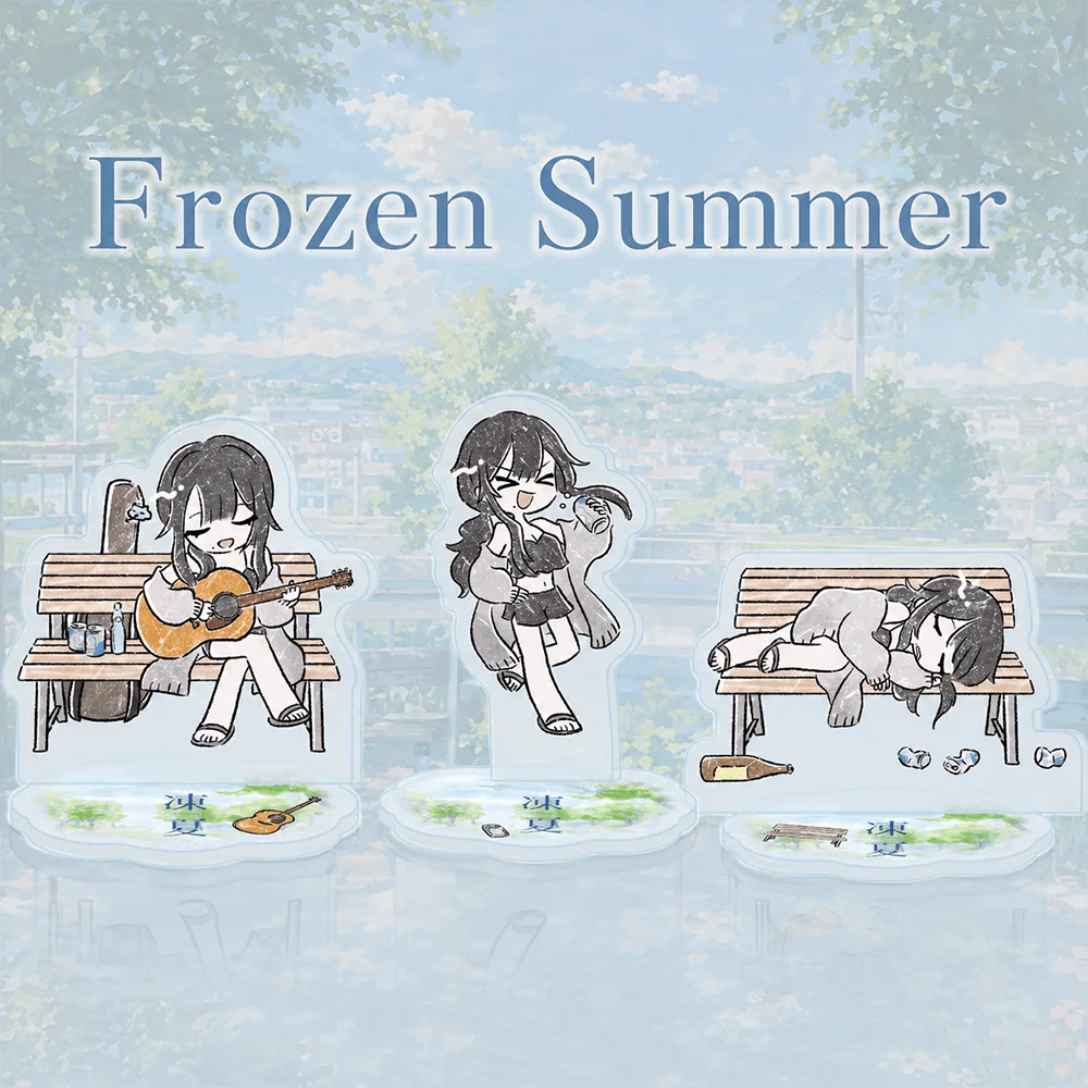 Frozen Summer 10cm Acrylic Stand Keychain Chibi Sketch Girl Park Bench Acoustic Guitar Drink Figure Tabletop Ornament Desk Deco