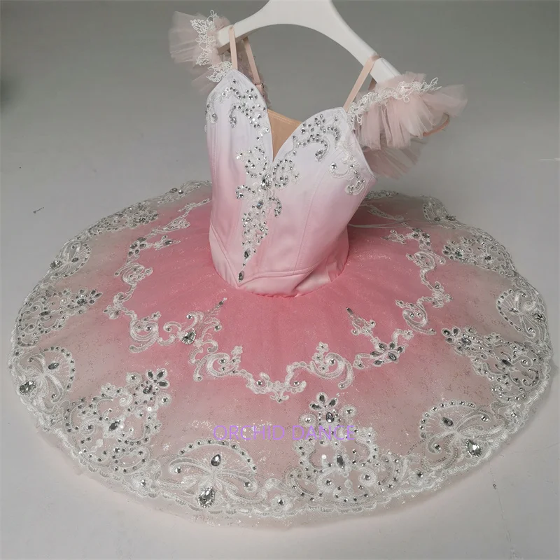 Womens Light Pink Lace Flutter Sleeve V Neck Ballet Tutu Dress Silver Rhinestone Scroll Embroidery Lace Trim Pink White Gradient