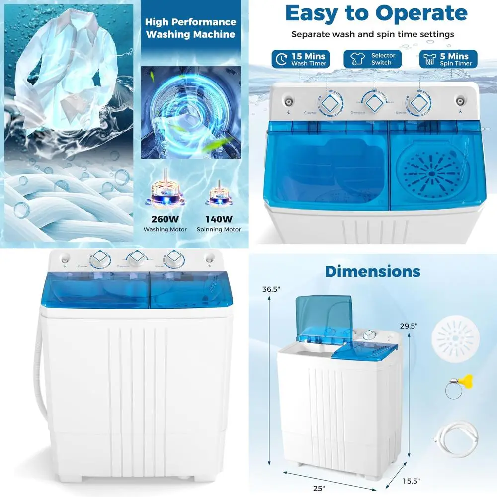 

Compact 20Lb Twin-Tub Portable Washer with 12Lb Washer and 8Lb Spinner, Ideal for Dorms, RVs, Blue and White