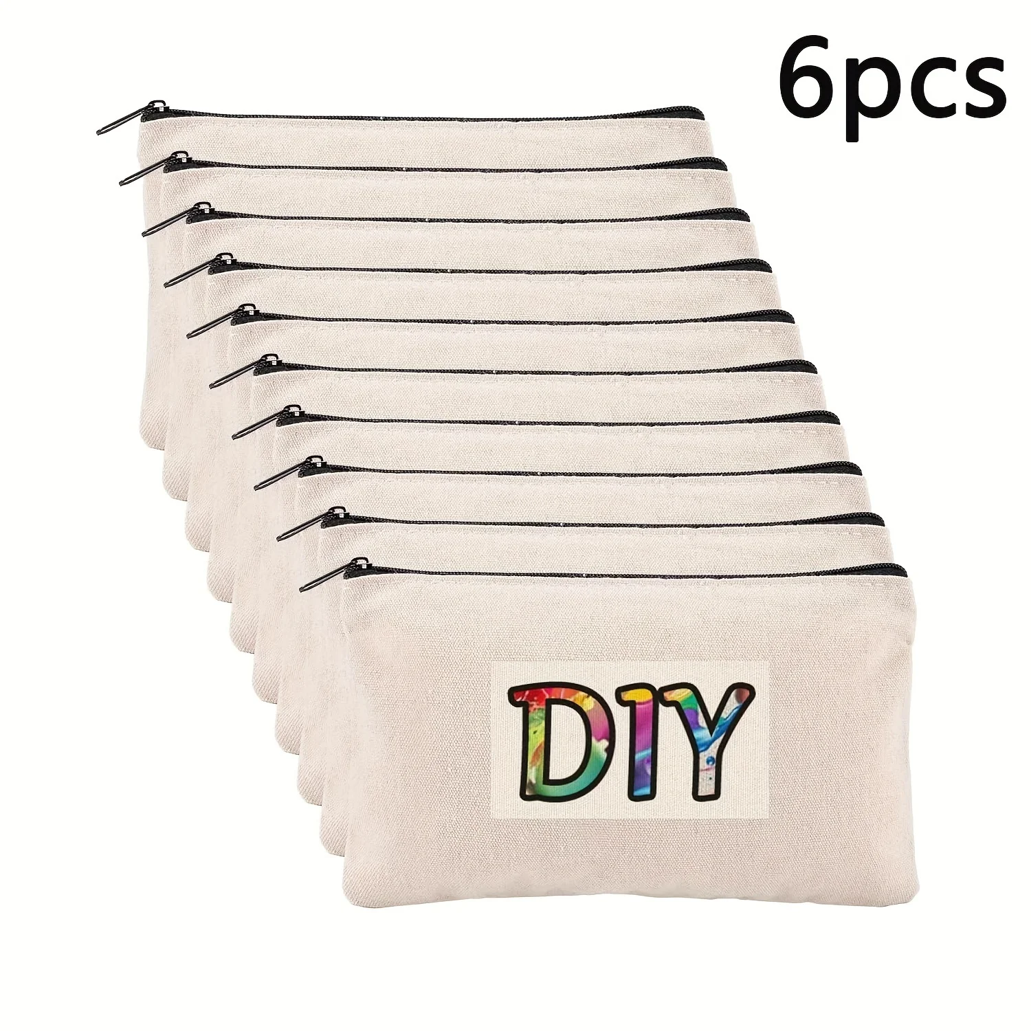 6pcs Blank DIY Craft Bag Canvas Pencil Case Blank Beige Makeup Zipper Bags- Pencil Pouch Cosmetic BagTravel Toiletry Bag