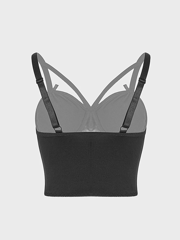Backless Black Lace Sexy Spicy Girl Mesh Perspective Diamond Steel Ring Fishbone Tank Top Summer 2024 Women Fashion