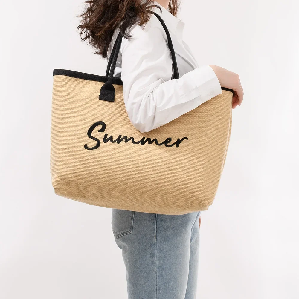 

Canvas Tote Bag Women's Embroidered Letter Beach Tote Oversized Vacation Bag Sandproof Travel Tote Coastal Style