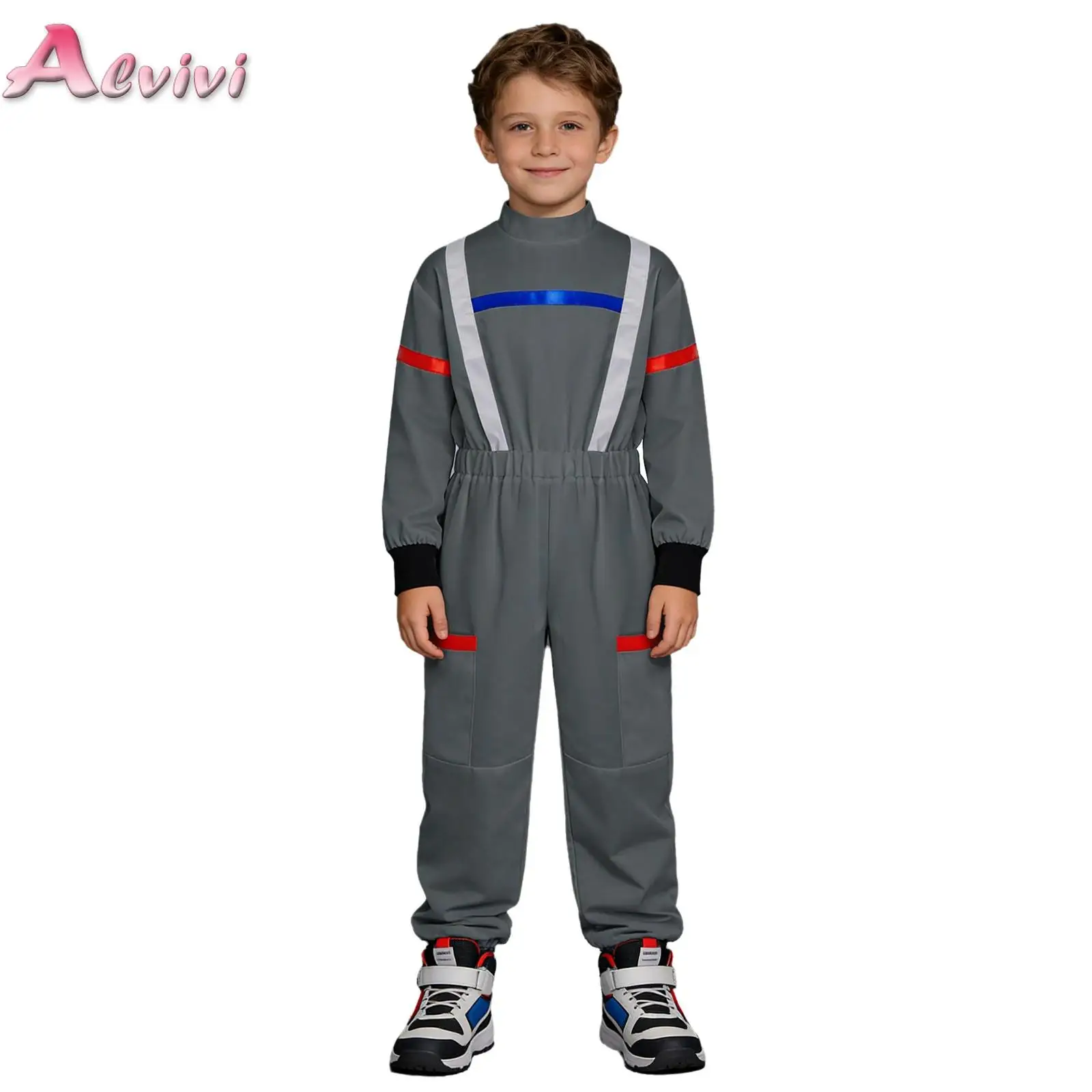

Kids Boys Astronaut Costume Long Sleeve Contrasting Color Trim Jumpsuit with Pocket for Space Theme Party School Play Role Play