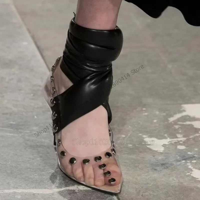 

Rivets Decor PVC Pointed Toe Black Belt Twine Pumps Back Strap Women Shoes Thin High Heels Sexy Fashion 2025 Zapatos Para Mujere