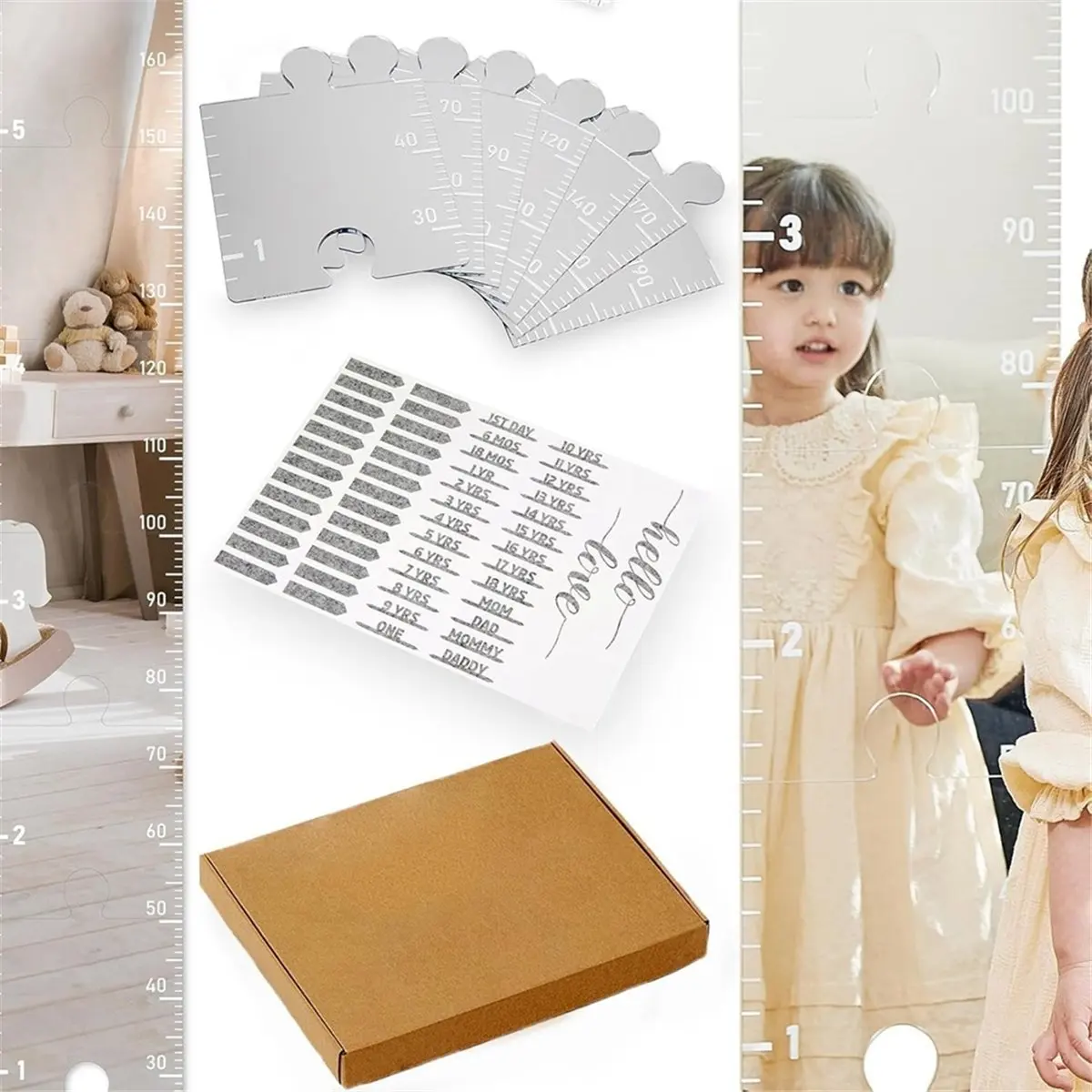 TOP!Children Growth Chart Mirror, Puzzle Mirror Growth Chart for Wall, Kid'S Height Measuring Chart Wall Mirror