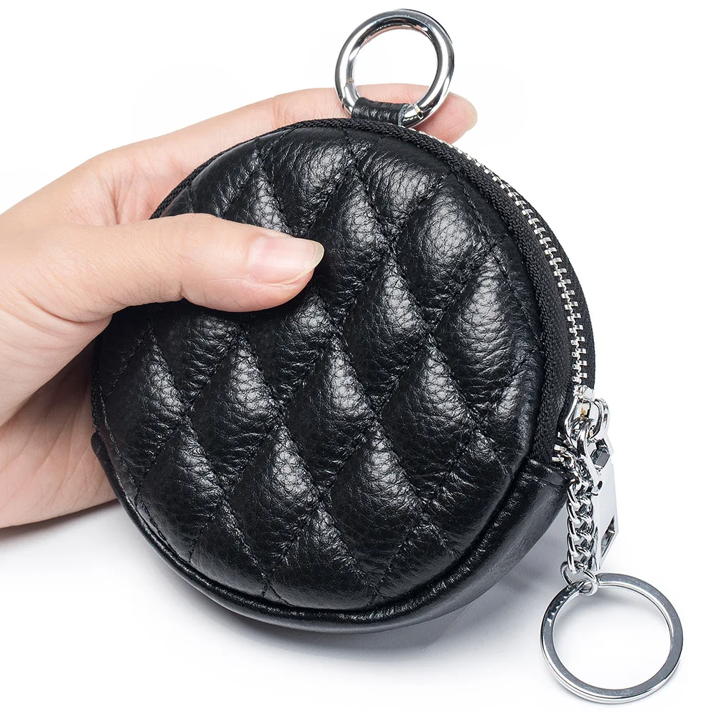 Poudres de pièces matelassées de forme ronde en cuir de vachette véritable pour dames, petit portefeuille, sac à main avec porte-clés, sac d'argent rhomboïde, mode