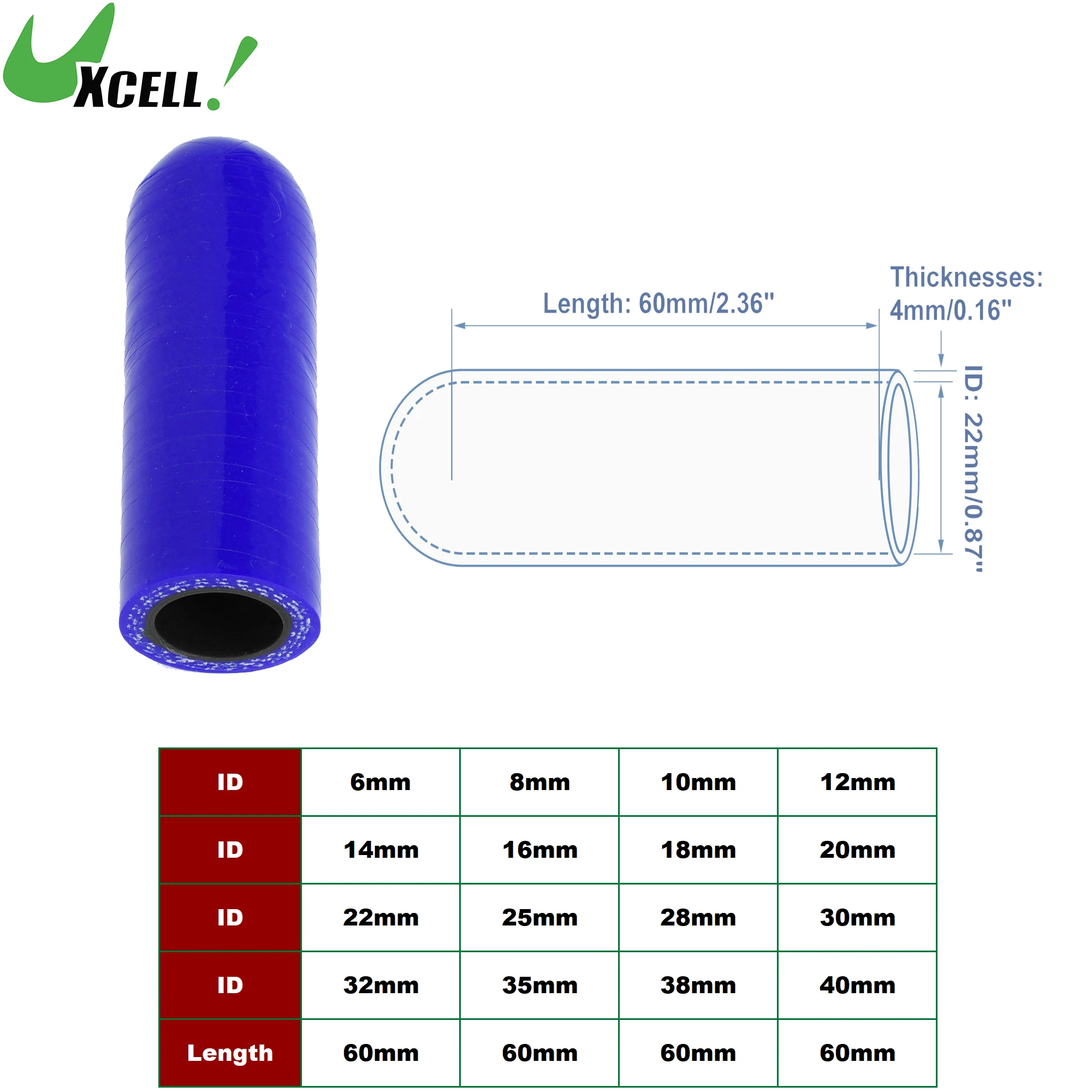 UXCELL 60mm długości 6/8/10/12/14/16/18/22/25/30/32/35/40mm ID samochodowy silikonowy zaślepka węża wzmocniona silikonem zaślepka niebieska