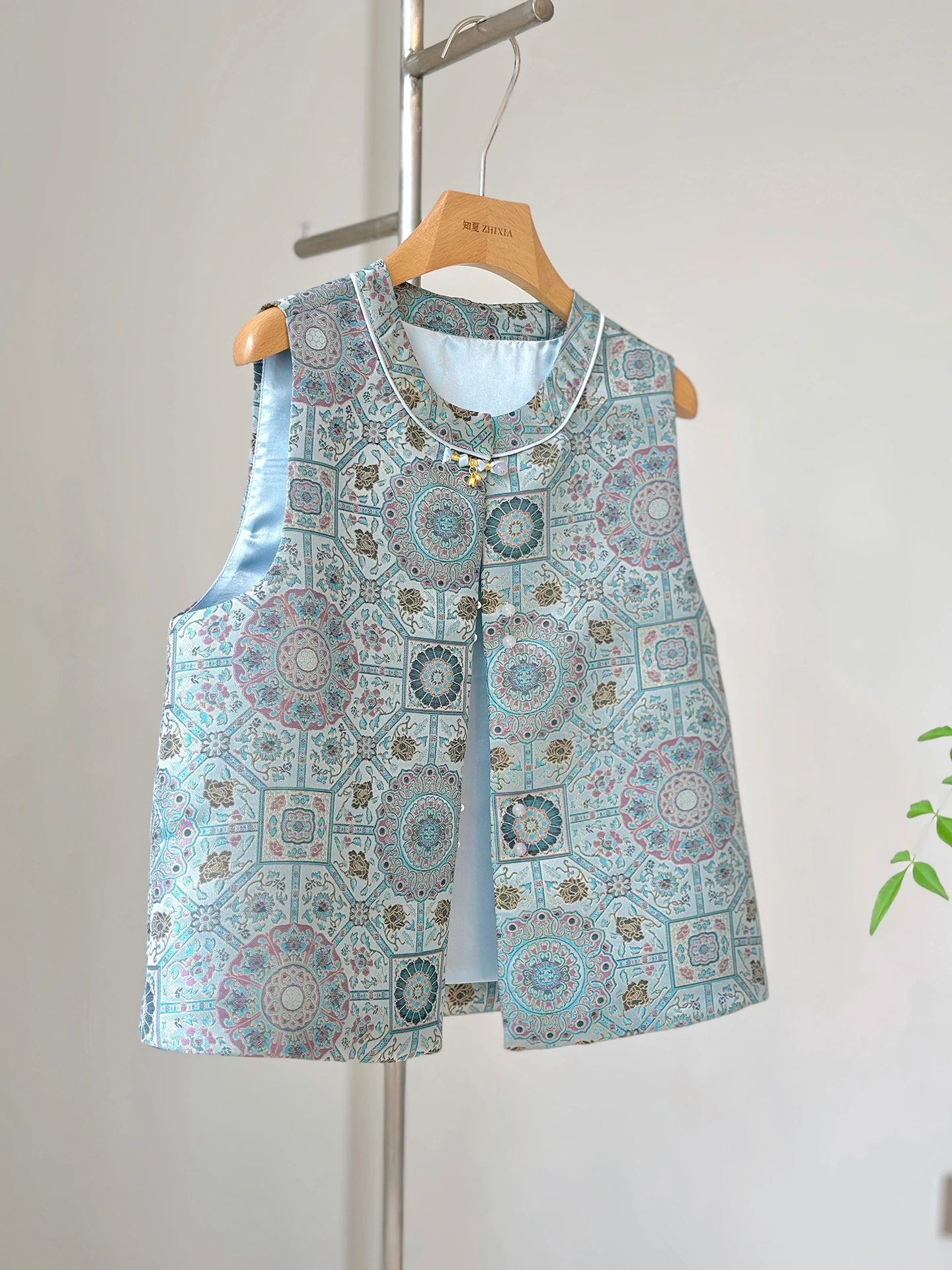 Blue New Chinese High-End Rayon Song Dynasty Brocade Jacquard Vest Women's Young Improve Suit Daily Bandage Dress Sleeveless Top