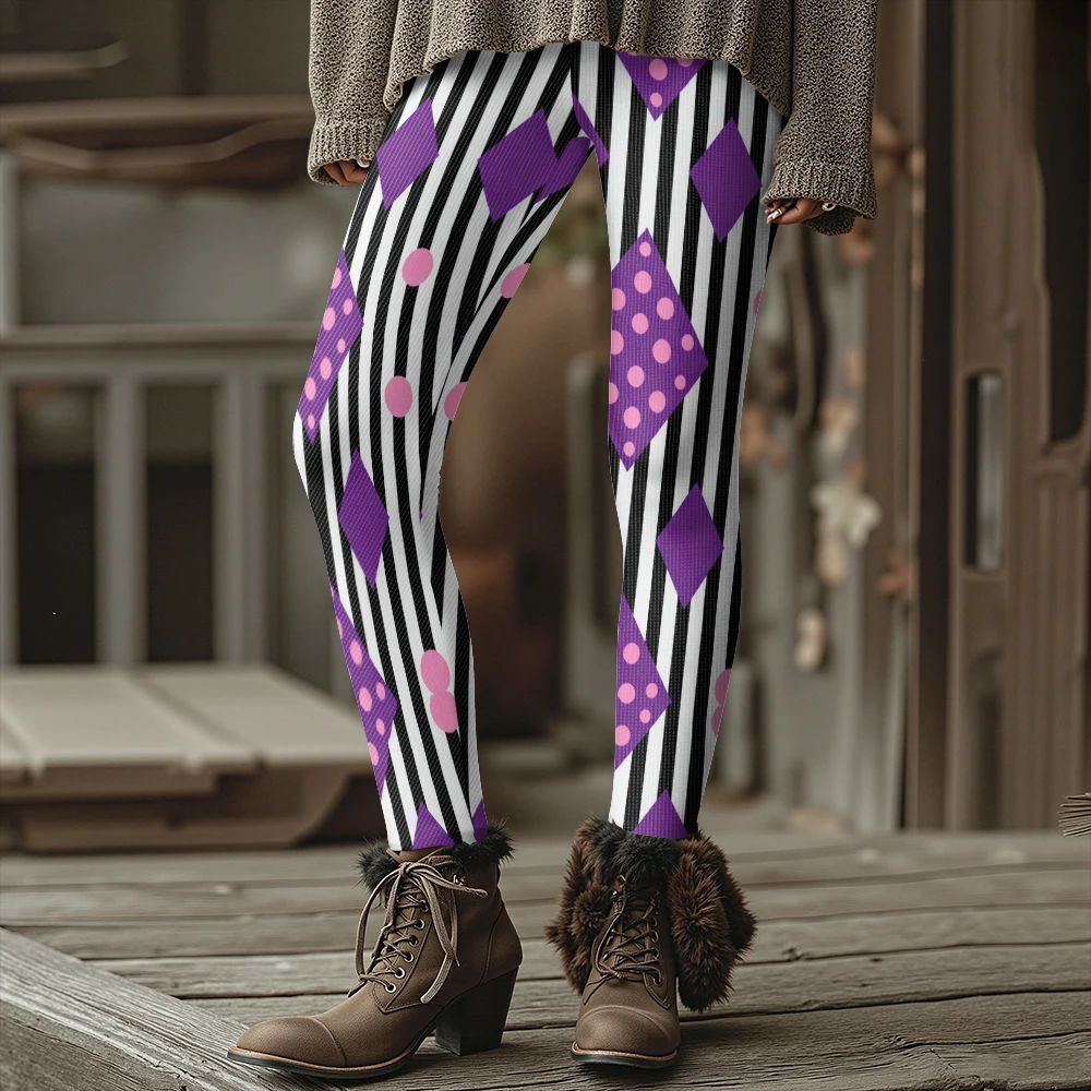 Unique Geometric Pattern Thick Leggings for Women Black White Stripes with Purple Diamond and Pink Dots Winter Fashion Tights