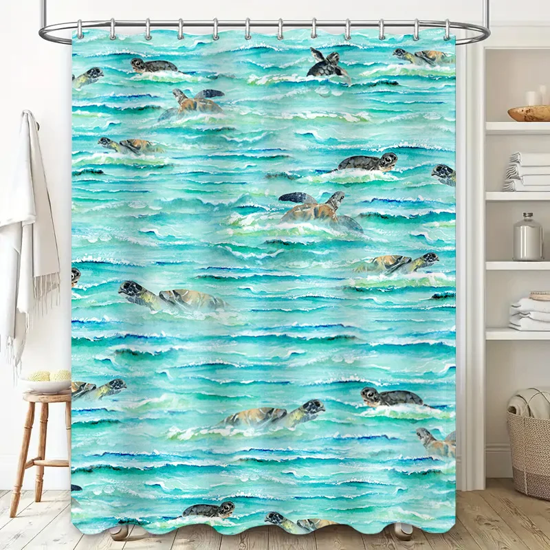 Sea Turtle Bath Mat Pattern Shower Curtain Waterproof Decorative Fabric Bathroom Accessories for Home Living Room Blue Waves Pri