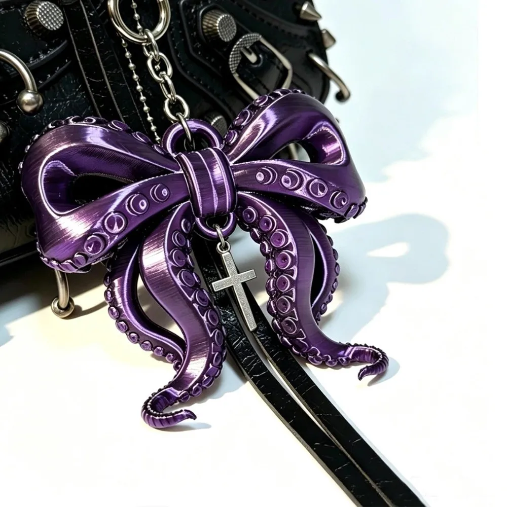 3D Printed Octopus Tentacle Bow Keychain Fashion Unique Octopus Bow Pendant Creative Cross Cthulhu Style Keyring Backpack Decor